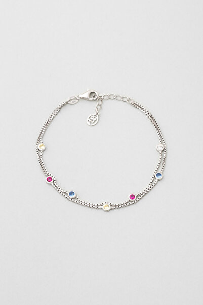 So CHIC... Renkli Düş 18 Ayar Beyaz Altın Kaplama 19 Cm Gümüş İkili Bileklik