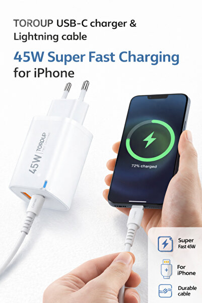 Toroup Încărcător Rapid 45W USB-C & USB-A + Cablu iPhone Lightning