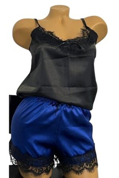 OEM 2-piece satin and lace pajamas, black and navy blue, S INTL