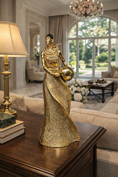 Nun Studio Dekoratif Gold Afrikalı Kadın Heykeli Biblo | Modern Salon Ofis Ko...