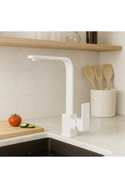 banyosepeti صنبور مطبخ مربع الشكل من كيوبكس باللون الأبيض غير اللامع - 360 ° ...