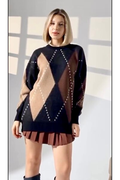 Dilasu Triko Tunik Boy Baklava Desen Kazak Siyah