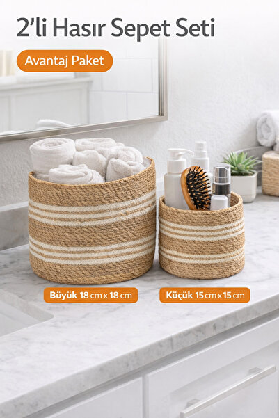 sever ithalat 2'li Hasır Sepet Seti - Beyaz Şeritli Banyo Organizer Kutu (18 ...