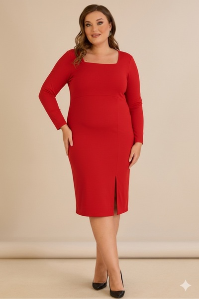 FOR ESRA BIG TREND Women's Plus Size Square Neck Front Slit Long Sleeve Stret...