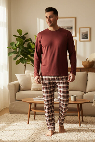 DOFİ Erkek Bisiklet Yaka Ekose Bordo Pijama Takımı
