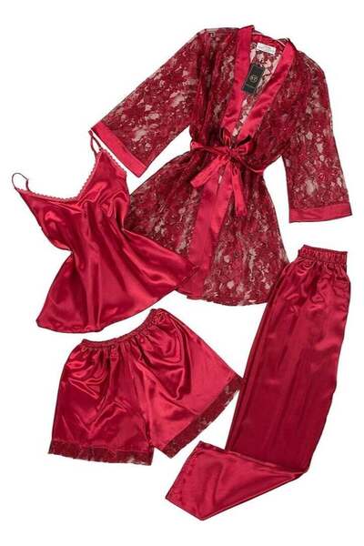 Generic 4-Piece Women's Satin & Lace Sleepwear Set - Maroon/Burgundy