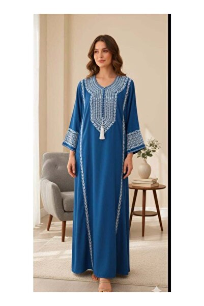 Lamis Nawar Blue Kaftan with White Embroidery and Tassel