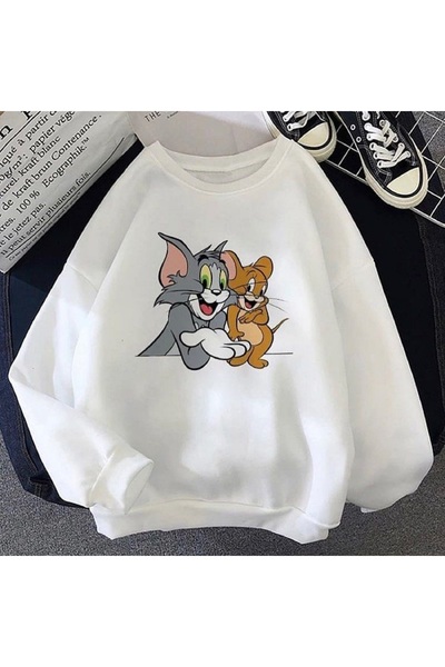 Kids Унісекс зимовий дитячий світшот з принтом кота і миші, білий