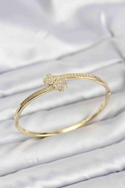 FREEDOM STOREE Brass Gold Color Zircon Stone Clover Model Women's Handcuff Br...