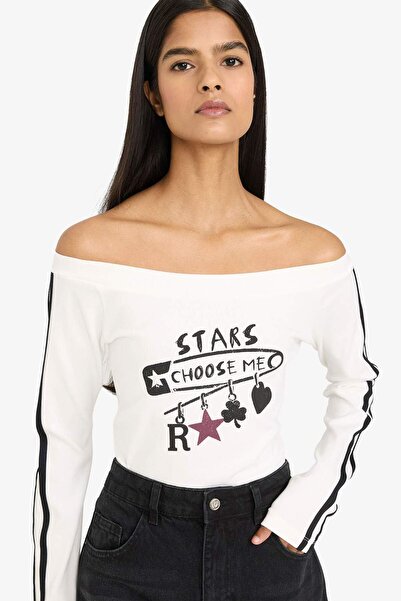 DeFacto Fitted Kayak Neck Printed Ribana Long Sleeve T-Shirt G8032Ax26Sp