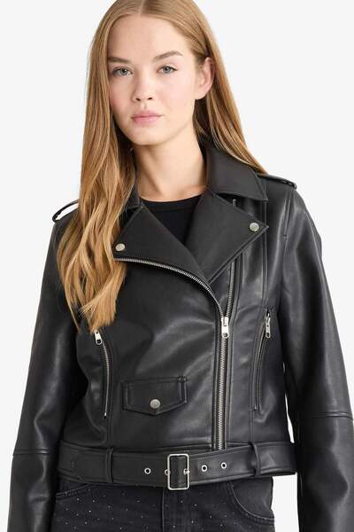 DeFacto Relax Fit Zippered Faux Leather Coat G0648Ax26Sp
