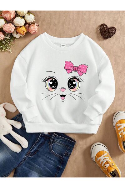 Kids Дівчача зимова дитяча кофта з принтом великої кішки з бантиком, біла