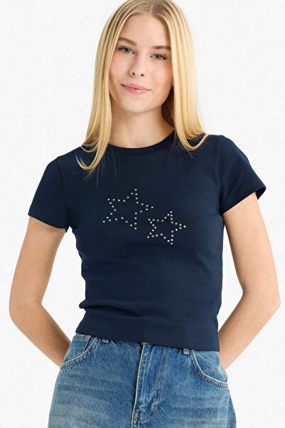 DeFacto Fitted Star Pattern Ribbed Short Sleeve T-Shirt G2770Ax25Au