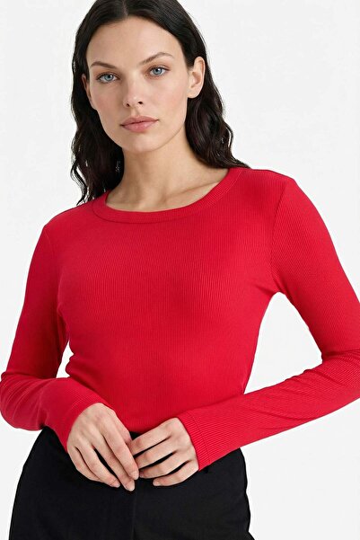 DeFacto Slim Fit Slim Fit Basic Plain Corded Fabric Ribbed Knit Long Sleeve T...