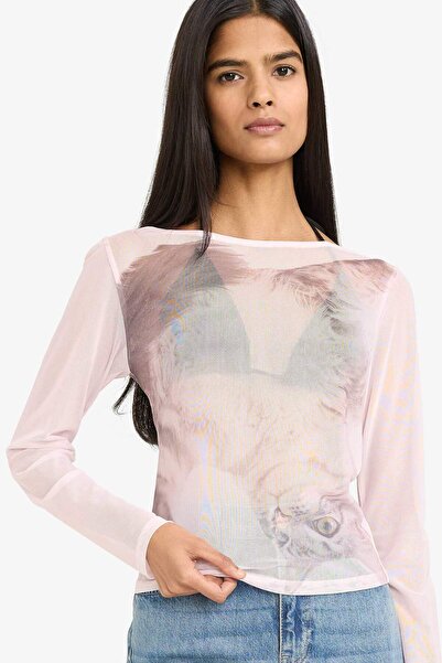 DeFacto Fitted Kayık Yaka Printed Tulle Long Sleeve T-Shirt G8031Ax26Sp