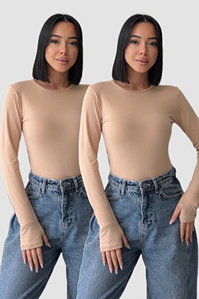 Lunamiratto Women's 2-Piece Basic Beige Beige Bodysuit with Finger Loops and ...