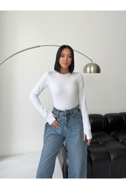 Lunamiratto Women's 2-Piece Crew Neck Black and White Basic Body Blouse with Finger Loops and Cotton Finger Detail