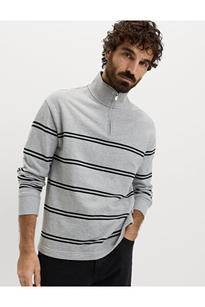 Marks & Spencer Pamuklu Çizgili Yarım Fermuarlı Sweatshirt