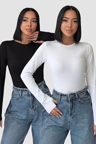 Lunamiratto Women's 2-Piece Crew Neck Black and White Basic Body Blouse with ...