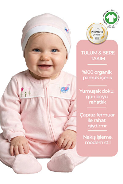 Ozmoz By Mukadder Özden Organic Embroidered Light Pink Baby Girl Romper with ...