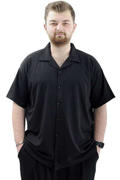 ModeXL Large Size Men's Black Shirt - Apas Collar, JACQUARD U24380