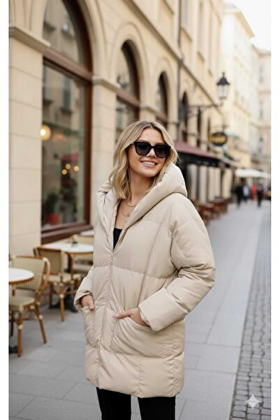 CALEMORE Beige Color Zipper Closure Hooded Windproof Women's Puffer Jacket