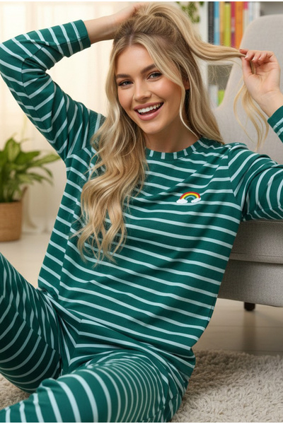 Siyah İnci Green Line Patterned Rainbow Printed Viscose Knitted Pajama Set 7987