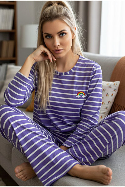 Siyah İnci Lilac White Line Patterned Rainbow Printed Viscose Knitted Pajama ...