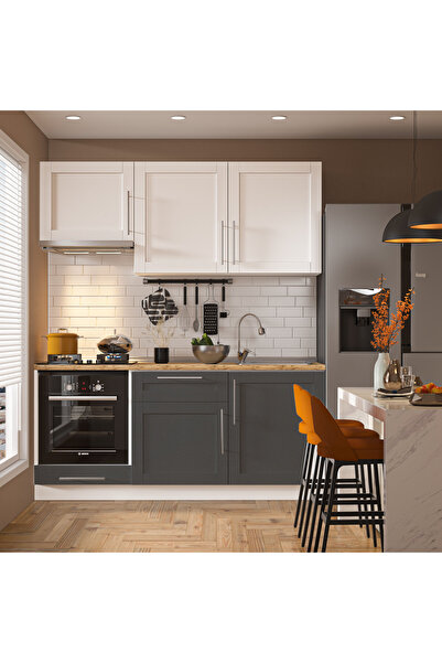 DEKOREX Pia Beyaz Antrasit 180 Cm Asp. Ve Fırın Modüllü Meşe Tezgahlı Hazır M...