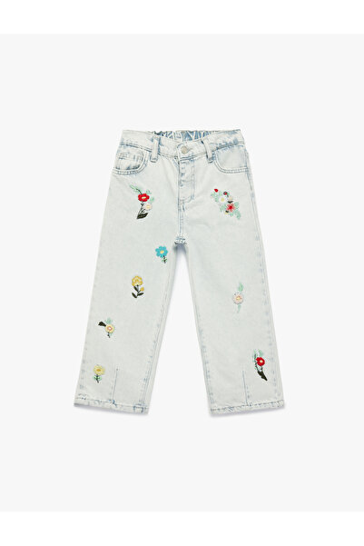 Koton Pantaloni din denim cu broderie florală din bumbac