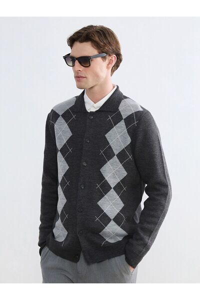 LC Waikiki Southblue Standard Pattern Diamond Pattern Men's Knitwear Cardigan