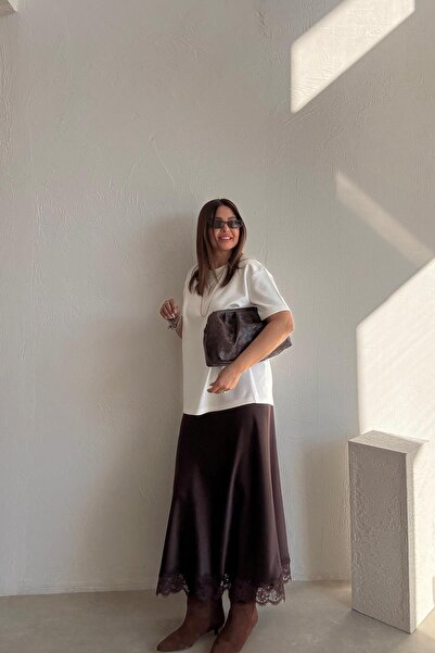 ELVAN TOLON Brown Lace Satin Skirt