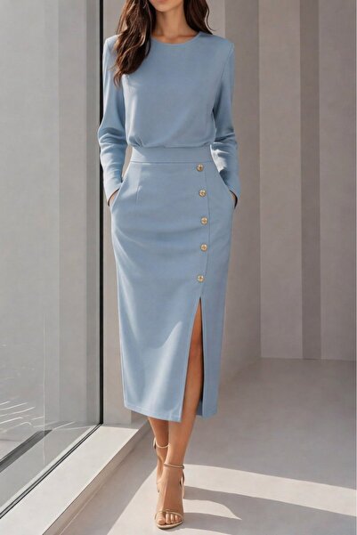 JANES Women's Long Sleeve Crew Neck Side Slit Button Midi Imported Crepe Dress