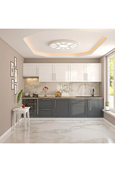 DEKOREX Pia Beyaz Antrasit 300 Cm Asp. Ve Çekmece Modüllü Meşe Tezgahlı Hazır...