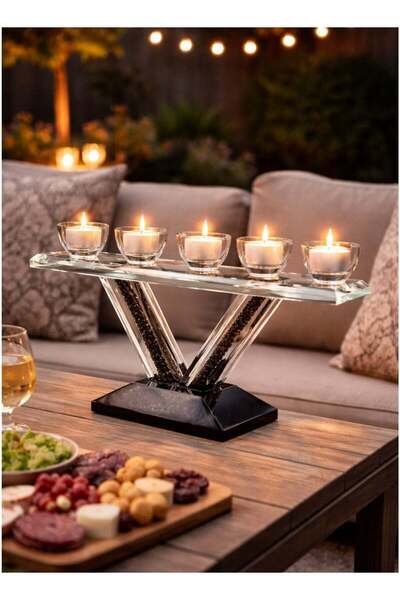 ALQANNAS حامل شموع كريستالي بقاعدة فاخرة | 5 شموع صغيرة | ديكور طاولة عصري وأنيق