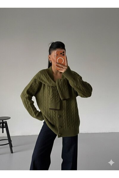Gülümse boutique Oversized Fluffy Hair Knit Cardigan with Scarf Detail