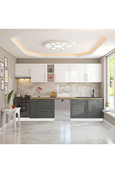 DEKOREX Pia Beyaz Antrasit 330 Cm Asp. ve Çkmece Modüllü Meşe Tezgahlı Hazır ...