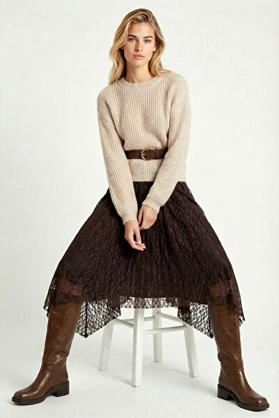 Lovelyİstanbul Fusta midi asimetrică cu detaliu din dantelă LMC0087 MARO