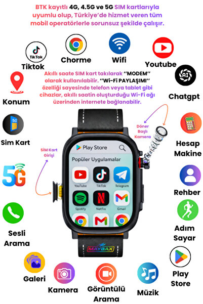 Maybax Sim Kartlı Android Akıllı Saat 64 GB ROM 4 GB RAM Wi-Fi Paylaşma Sosya...