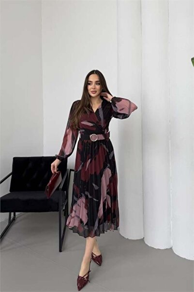 Dipmoda Kadın bordo astarlı şifon piliseli kemerli midi elbise DPELB04