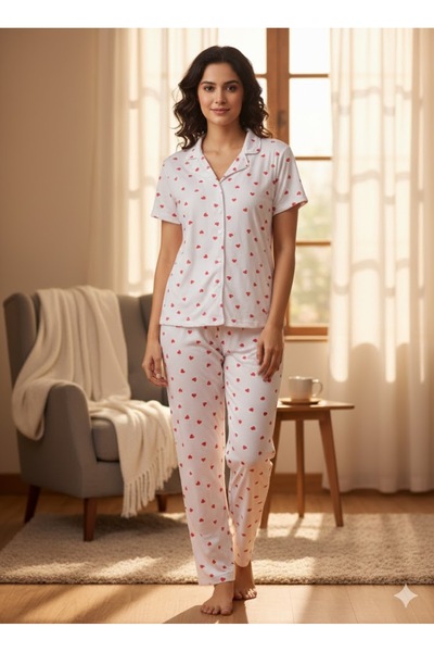FAMES PİJAMA Women's Short Sleeve Summer Button down Pajama Set