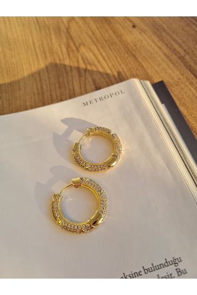 XUPING JEWELRY Zirkon Taşlı Altın Kaplama Çelik Halka Küpe – Suya Dayanıklı