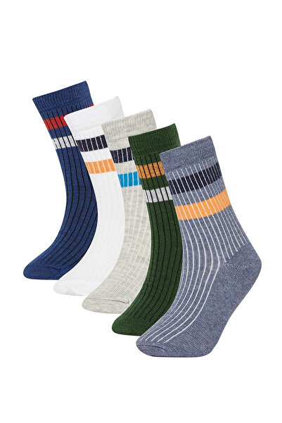 DeFacto V8199A6Kr1 Multi-Colored Boys' 5-Piece Cotton Hoop Patterned Long Socks