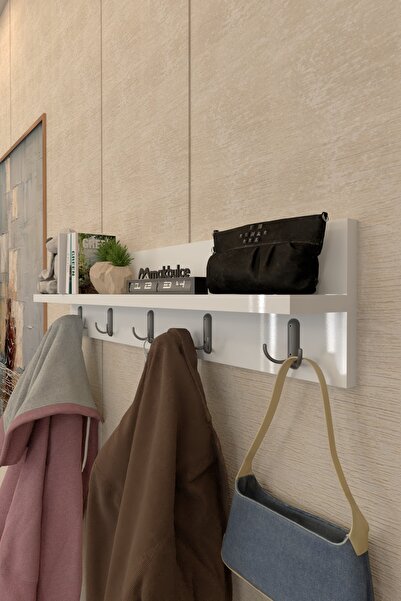 makbulce Portmanto Duvar Askılığı Raflı Elbise Askılığı Beyaz 80 cm