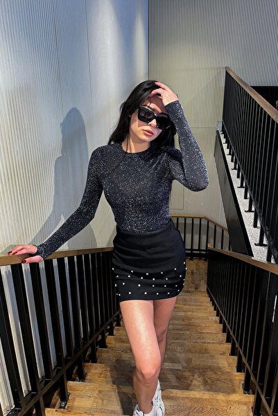 Crep Balıkçı Yaka Simli Bluz - Siyah SİYAH