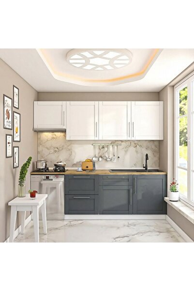 DEKOREX Pia Beyaz Antrasit 240 Cm Asp ve Çekmece Modüllü Meşe Tezgahlı Hazır ...