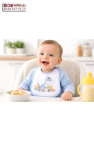 Borambalaj Blue Detailed Baby Boy Bib with Dinosaur Pattern
