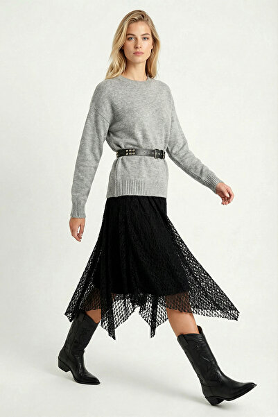 Lovelyİstanbul Fusta midi asimetrică cu detaliu din dantelă LMC0087 NEGRU