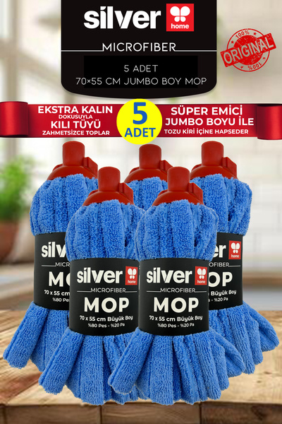 SİLVER HOME Büyük Boy Mop Başlığı Ucu Mikrofiber 70×55 cm Mavi Kıl ve Tüy Top...