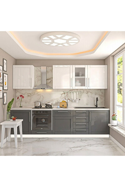 DEKOREX Pia Beyaz Antrasit 285 Cm Fırın Modüllü Meşe Tezgahlı Hazır Mutfak PB...